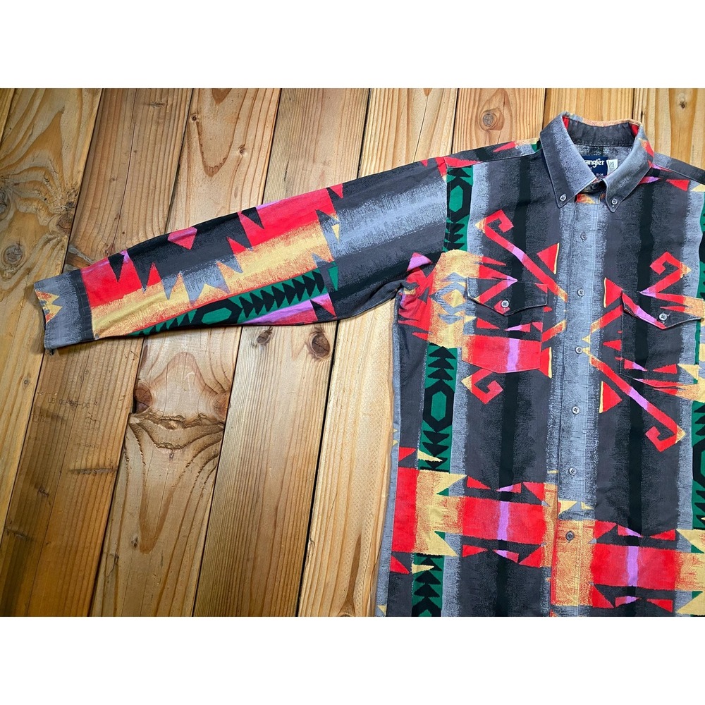 Vintage 90s Wrangler Cowboy Cut Aztec Western Shirt - USA Made X-Long Tails - Picture 6 of 9